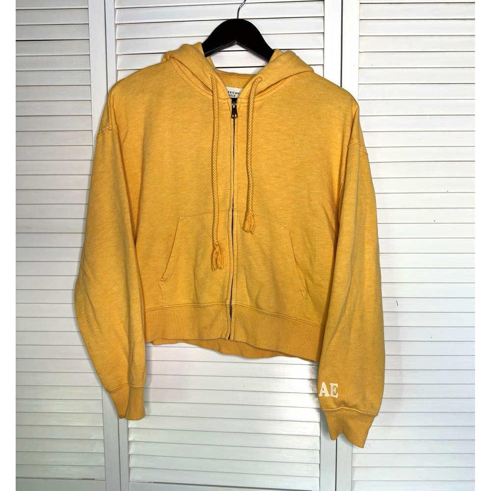American Eagle Cropped Zip Hoodie XS Mustard Yellow Full Zip AE Sleeve Comfort